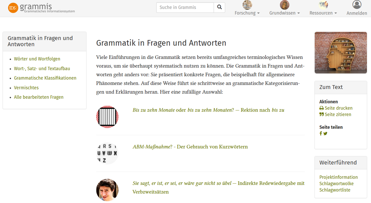 Thumbnail for service grammis - Grammatik in Fragen und Antworten